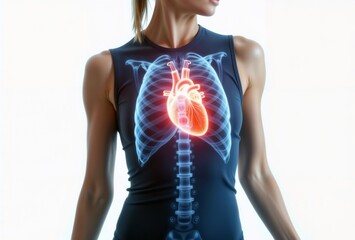 Human Heart. Glowing human heart and rib cage on a woman in sports clothing.