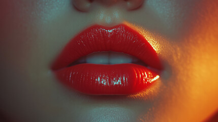 Closeup of luscious red lips of a young beautiful woman ready to kiss