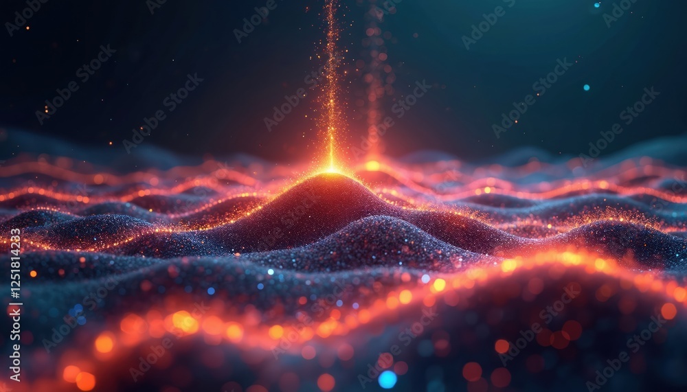Fototapete Abstract visualisation shows radio signal waves over dark surface. Red lines form digital stream structure in tech display. Electronic energy and light flow on futuristic dark backdrop.