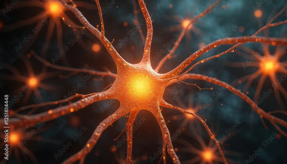Poster illustration of nerve cells, neuron cell, sending electrical signals in brain. neural activities for