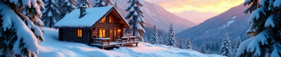 Cozy winter cabin scene with snow-covered trees, twilight, snow, nature