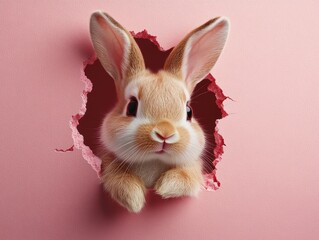 Obraz premium A cute rabbit peeking through a torn pink wall.