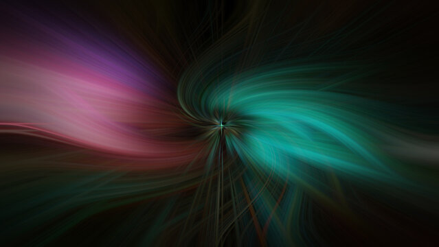 An abstract swirl of light fibers in dark tones of black and deep green, contrasted with vibrant pink and purple hues.