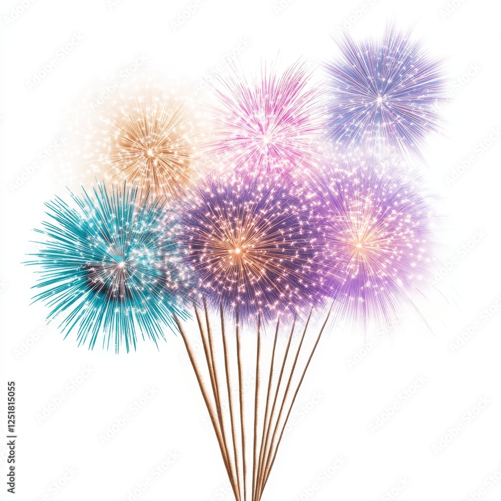 Poster dazzling array of colorful fireworks bursting in night sky, creating festive atmosphere