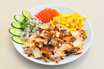 Lavash zurna doner kebab ( zurna  durum )  or shawarma sliced in plate isolated.  hatay usulu tavuk Et doner durum. Gobit ekmek arasi doner. Pilavustu iskender doner kebap. 