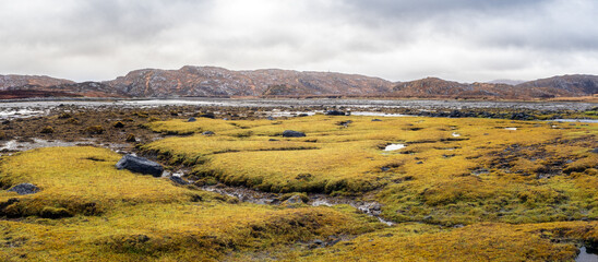 Low tide at Badnabay on the shore of Loch Laxford and at the NC500 in north-west Scotland.