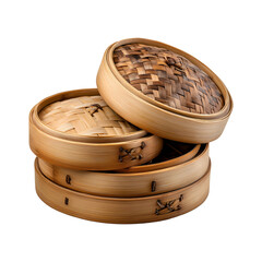 Bamboo Steamers with Woven Lids for Cooking Dim Sum Isolated on Transparent Background
