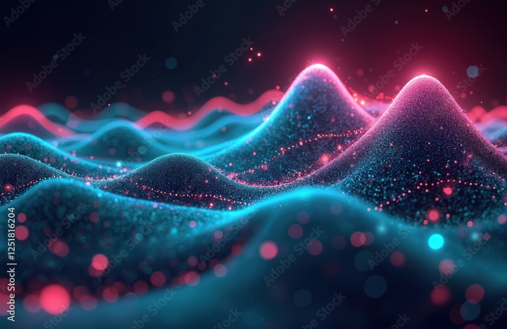 Aufkleber abstract futuristic background with pink blue glowing neon wave lines. mountain of data with bokeh l