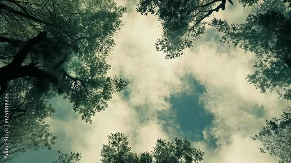 Poster bright clouds peek through lush tree canopy in serene forest setting during the day