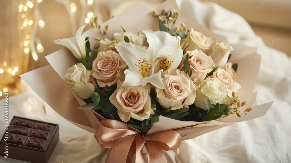 Poster beautiful bouquet of roses and lilies with chocolates on a soft surface and warm lights in the backg