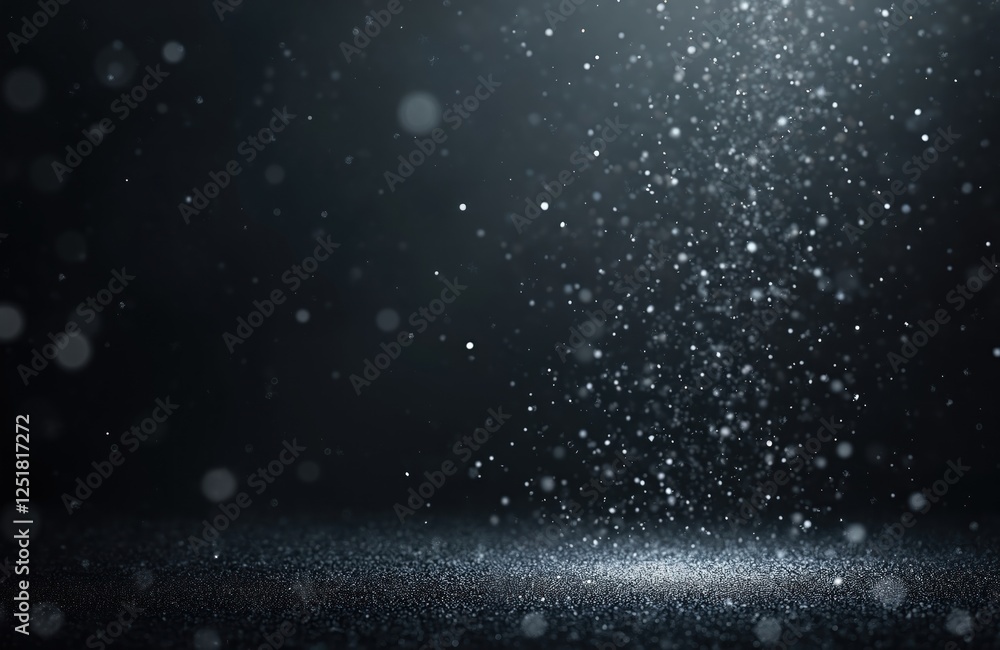 Poster winter scene shows falling snow on dark background. particles float like blurred bokeh. graphic desi