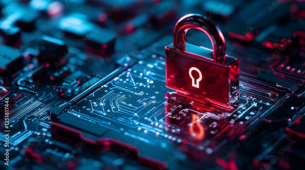 Poster futuristic cybersecurity tool featuring digital lock on circuit board, symbolizing data protection a