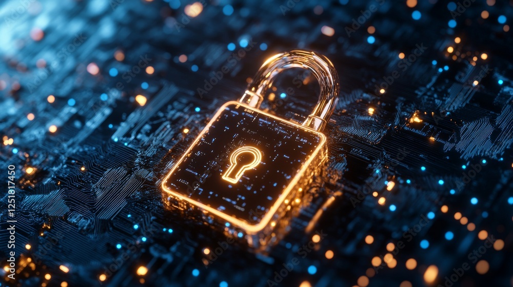 Poster futuristic cybersecurity tool featuring glowing padlock on digital circuit board, symbolizing data p