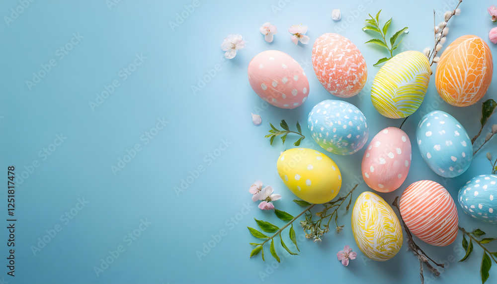 Poster colorful easter eggs with various patterns and leaves on a light blue background generative ai