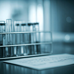 Test tubes in a lab with a scientific paper in the foreground, evoking research and discovery. Generative AI.