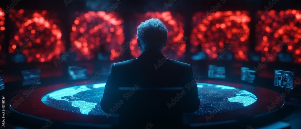 Poster person sits in futuristic control room, surrounded by glowing screens displaying digital world map a