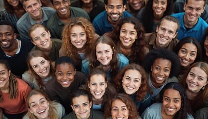 Obraz premium Diverse group of multi-generation people smiles. Multicultural ethnicities of different ages. Social diversity, community outreach, teamwork. Friendship, social responsibility. Oneness, inclusion,