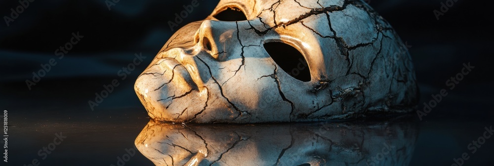 Poster crumbling mask resting on a reflective surface with a dark background during a dramatic lighting set