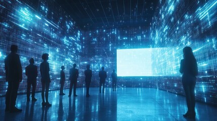Team watching data presentation in digital space
