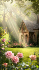 Obraz premium A beautiful rose garden in front of a cottage, with pink roses, green grass, and the warm glow of sunset light creating a soft, blurred background
