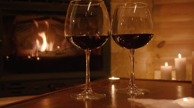 Two wine glasses sit beside candles, one nearly burned out with wax spilled. A warm fireplace glows in the background, while two tall candles flicker softly on the right, creating a calm mood.