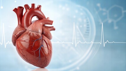 Anatomical Human Heart with ECG Line on a Futuristic Background