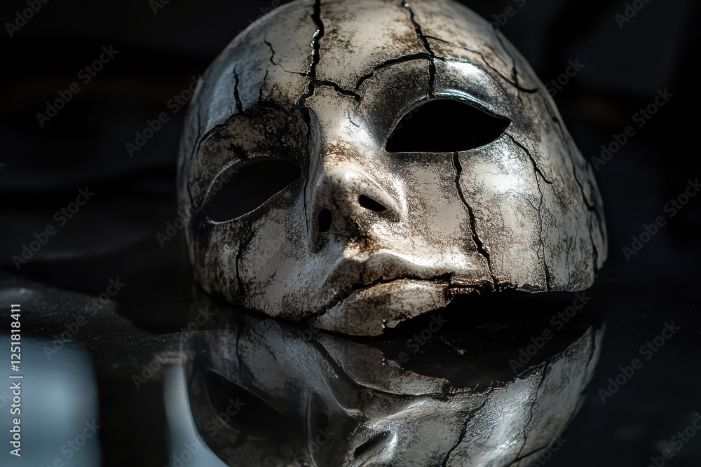 Poster cracked mask resting on reflective surface in dimly lit space capturing a haunting atmosphere and in