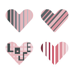Heart symbol icon set, love symbol kit, red pink colour artistic graphic flat design, logo shape, gradient optical illusion, striped isolated element. White background. Vector illustration