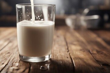 Pouring Fresh Milk into a Glass on a Wooden Table. Generative AI