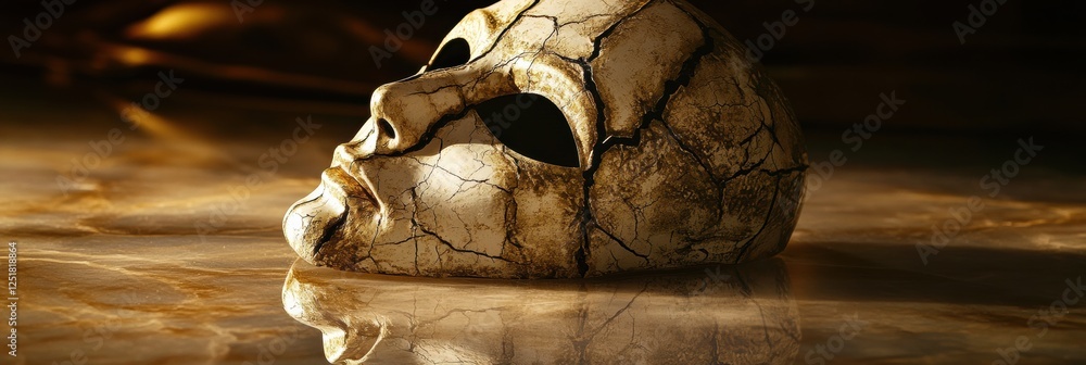 Poster intriguing alien mask resting on a reflective surface with cracked texture in dim lighting. generati