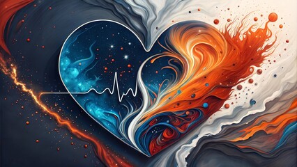 Abstract Artistic Heart with Fire and Water Elements