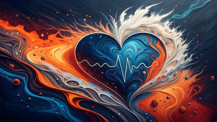 Abstract Heart with Fire and Ice Elements and ECG Line