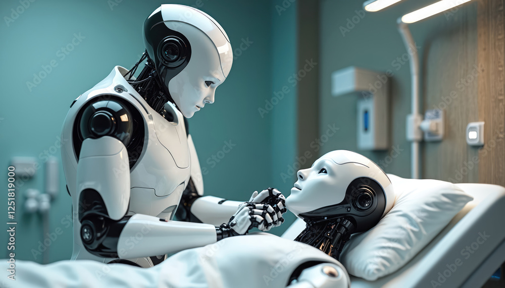 Poster ai robots with artificial intelligence in modern hospital. one android robot examines another humano