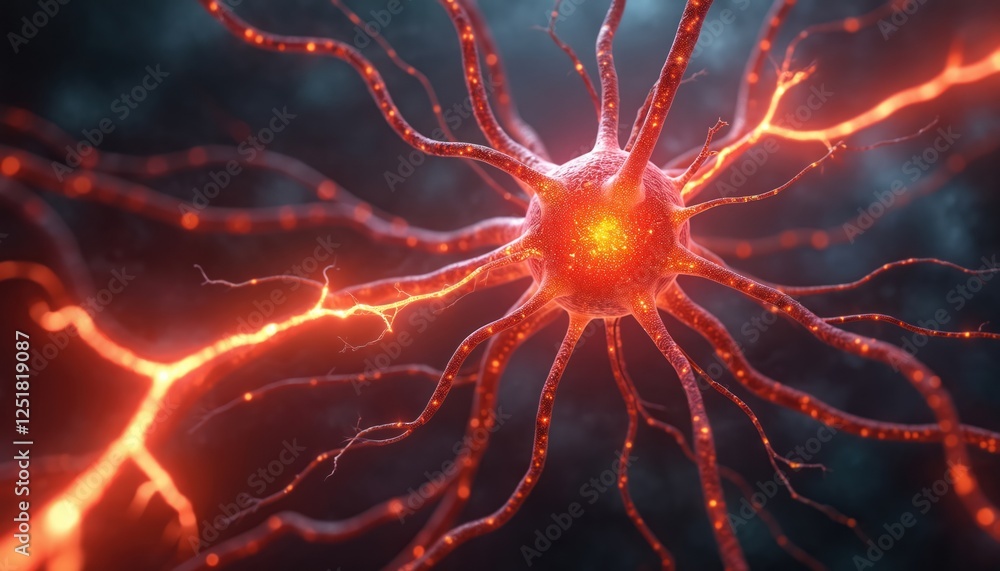 Poster illustration of neuron cell sending electrical signals. nerve cells connect in brain for neural acti