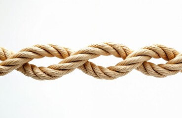 Macro shot of gold braided rope isolated on white. Ornate element, detailed craft decor. Stylish spiral, twirling connection elegance. Seamless rough textured pattern, fashion concept, decorative