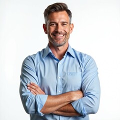 Confident mature businessman wearing blue shirt posing on white background. Happy successful grey haired executive smiles with arms crossed. Middle aged man in 50s looks smart, cheerful, attractive.