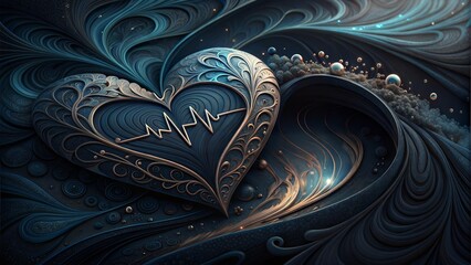 Elegant Engraved Heart with Digital ECG and Abstract Background