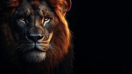 Naklejka premium Majestic lion portrait, dark background, wildlife photography, animal print