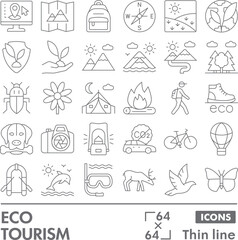 Eco tourism symbols collection or sketches. Traveling theme icons in thin line style signs for web and app. Vector graphics isolated on white background.