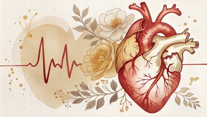 Watercolor Anatomical Heart with Floral Elements and ECG Line