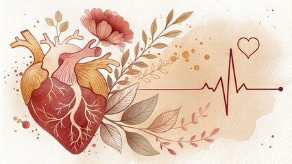 Delicate Watercolor Heart with Botanical Details and ECG