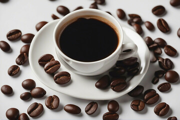 Obraz premium A professional photograph featuring premium coffee beans and a coffee cup, elegantly presented on a white background. Generative AI.