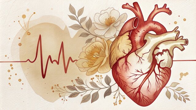 Watercolor Anatomical Heart with Floral Elements and ECG Line