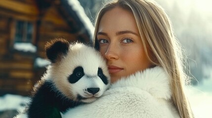 Obraz premium A heartwarming portrait of a woman holding an adorable panda cub, capturing the affectionate interaction and warmth between humans and animals in a cozy setting.