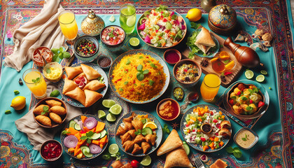 A vibrant spread of colorful iftar dishes, including biryani, samosas, salads, and drinks juice, set against intricate Islamic patterns.