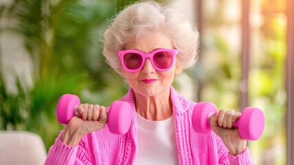 A cheerful elderly woman wearing pink sunglasses lifts pink dumbbells, showcasing an active and vibrant lifestyle.