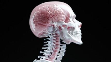 Human skull and brain anatomy, side view, black background, medical illustration