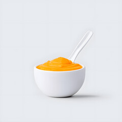 Baby food puree in white bowl with spoon, mockup, on a white background