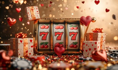 Naklejka premium Slot machine displays 777 surrounded by valentine's day gifts, hearts, and casino chips, suggesting a romantic gambling theme