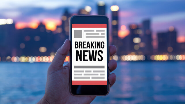 Breaking news displayed on smartphone against city skyline at dusk